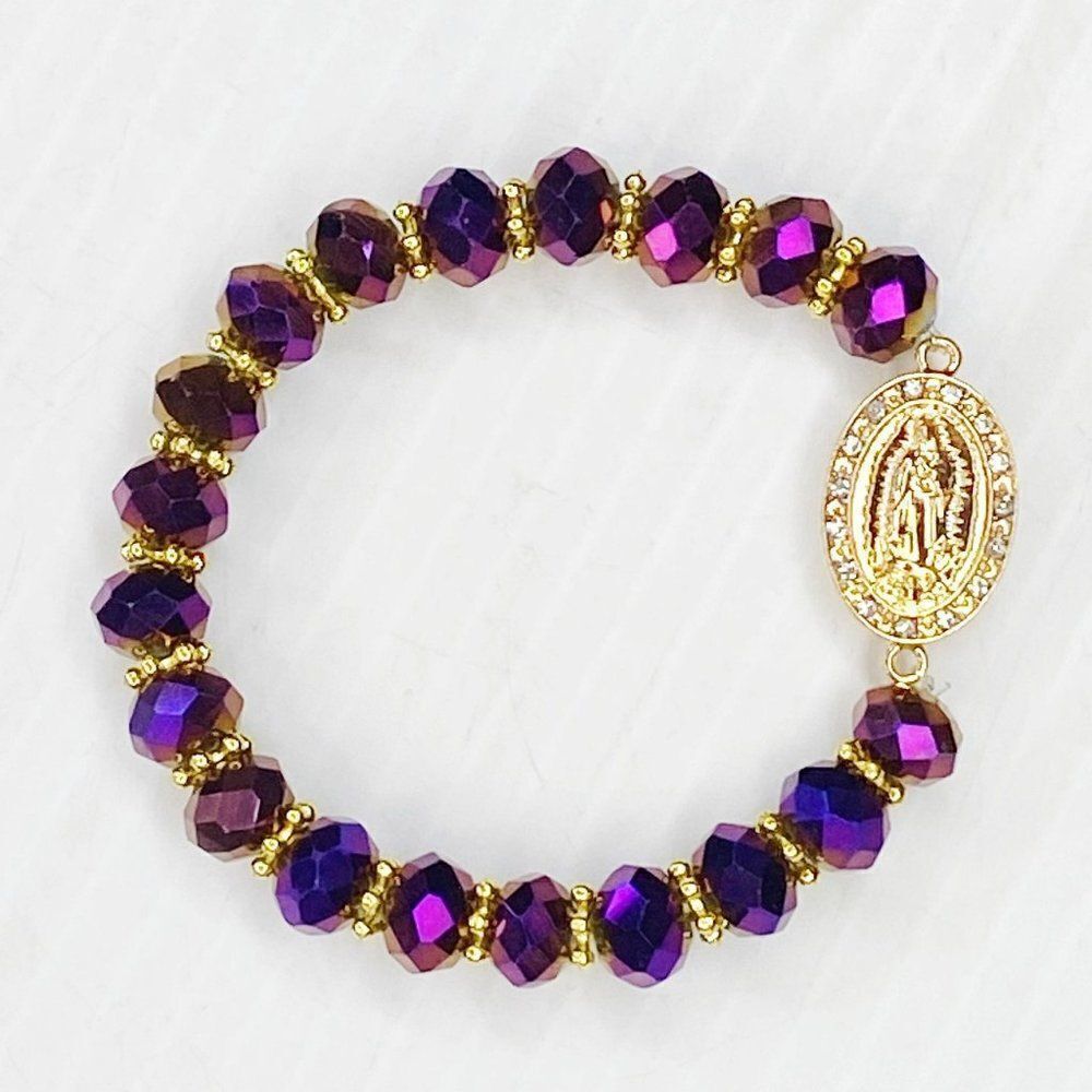 Religious Purple Virgin Mary Beaded Elastic Bracelet